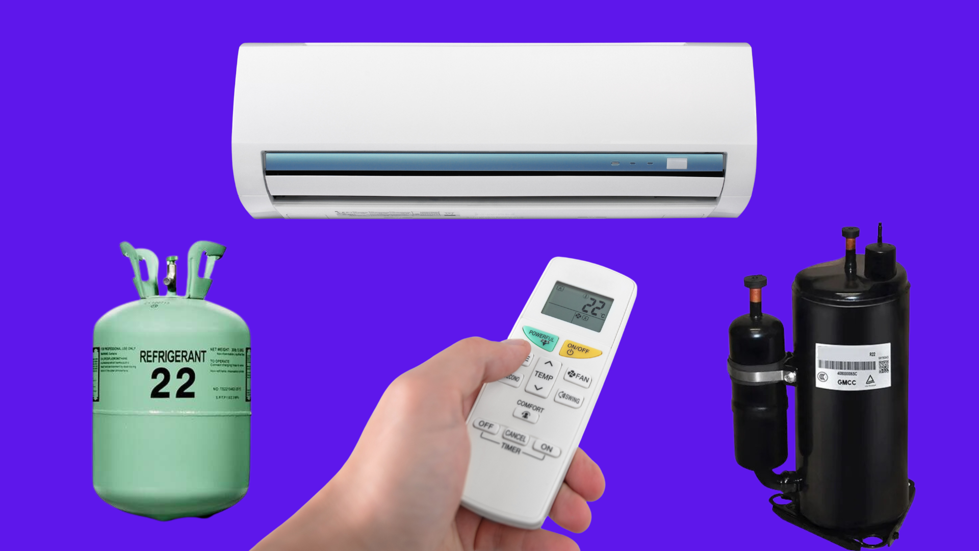 Ac spare parts that include compressor , r-22 gas cylinder , ac remote and split ac indoor part